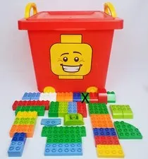 Lego 2013 Storage Container Smiley Face Wheels Handles Lid Red Plus 44 Pieces