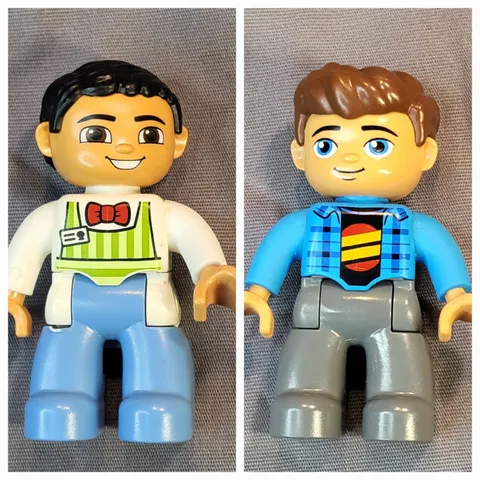 Lego Duplo Figures Man brown hair round eyes blue/dk gray