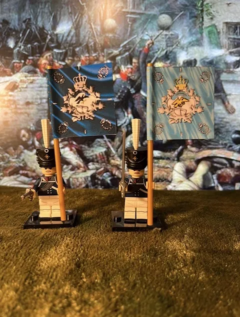 2x Minis Prussian Napoleonic Grenadiers Infantry Regt.  +2 Flags Lego Flagpoles