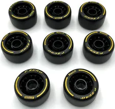 Lego 8 New Black Wheels 24 x 13.4 with Pin Hole and Yellow PIRELLI P ZERO Parts