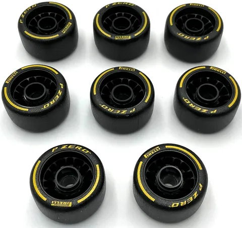 Lego 8 New Black Wheels 24 x 13.4 with Pin Hole and Yellow PIRELLI P ZERO Parts