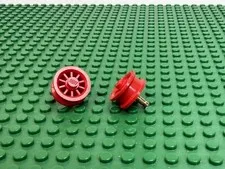 2x 1970s LEGO Red Wheel Spoked 2x2 w/Stud Bronze Axle Legoland #bb0019