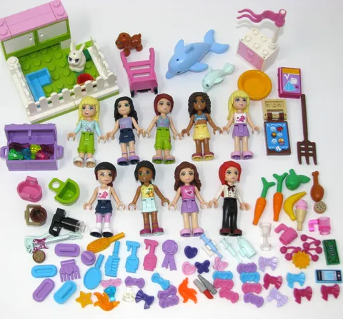 Lego Friends 9 Minifigures Lot Animals Accessories Dolphins Food Dishes Jewels