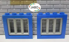 (G12/8/9) LEGO 2 x Window Frames 4033 Blue 1x4x3 + 6016 Grille Old Light Grey