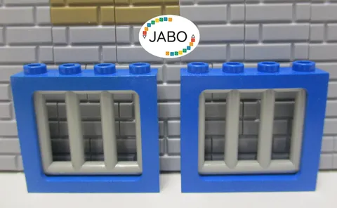 (G12/8/9) LEGO 2 x Window Frames 4033 Blue 1x4x3 + 6016 Grille Old Light Grey