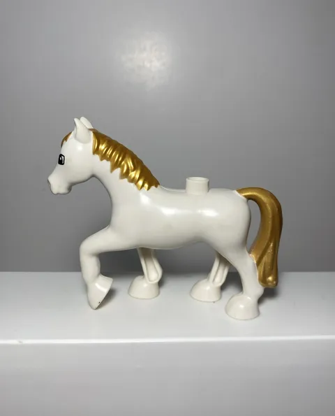Lego Duplo Figure Horse white w/black bridle gold mane