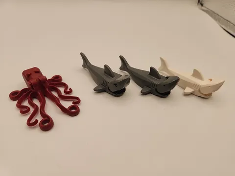 Lot of 3 LEGO Shark Minifigures Gray White And Octopus