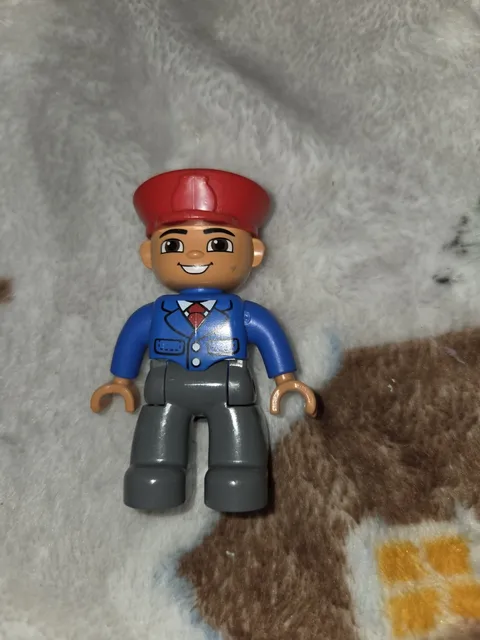 Lego Duplo Male Figure w Red Hat Blue Jacket Gray Pants Pilot Train Conductor F1