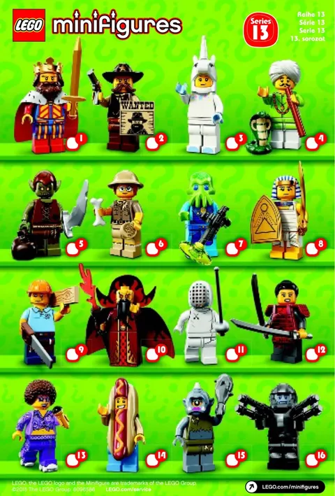 Complete Set of (16) Lego Series 13 Minifigures 71008 New Factory Sealed 2015