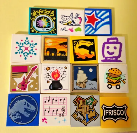 Lego 2x2 Square Tiles - LOT OF 15 - Prints or Stickers - All Different Designs