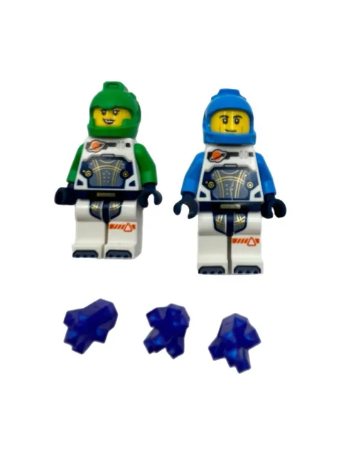 Lot of 2 LEGO City Space: Astronaut mini figures Blue & green W/ Blue Crystals