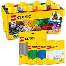 LEGO Classic Medium Building Blocks Box + Plates Green, Blue, White and Grey, S...