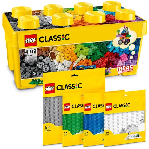 LEGO Classic Medium Building Blocks Box + Plates Green, Blue, White and Grey, S...
