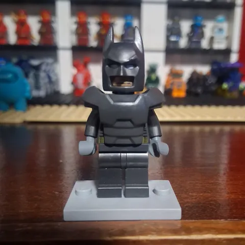 LEGO Batman Minifigure Dark Gray Armored Suit Black Cowl Cape Display Stand