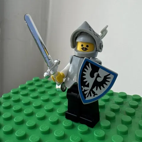 Vintage LEGO Castle Black Falcons Knight Minifigure Shield Chrome Sword Armor
