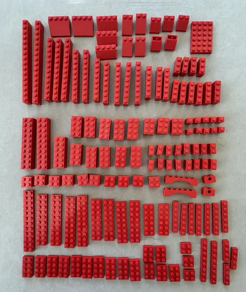 Lot of 135 Assorted Red LEGO Bricks, Plates, and Tiles