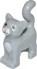 LEGO Light Bluish Gray Cat, Standing with Black Eyes, Bright Pink Nose, White Mu