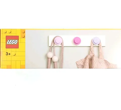 LEGO® Collection WALL HANGER RACK 3 Knobs Pastel Pink and Violet on White