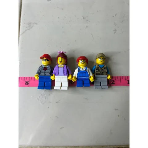 Lego Minifigure Lot of 4 City Town People Overalls Utility Vest Purple Cardigan