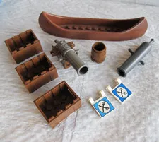 LEGO Vintage Parts Lot Barrel Crates Brown Canoe Gray Cannons Cross Sword Flags