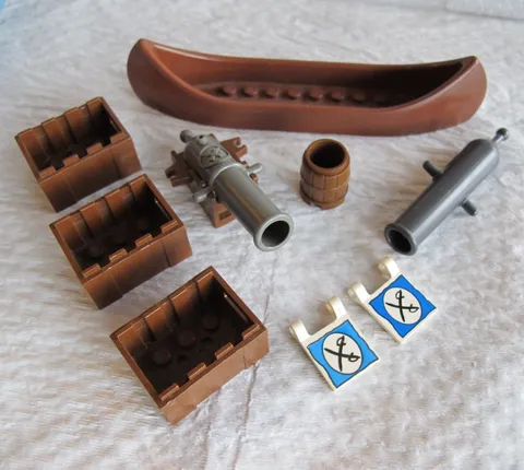 LEGO Vintage Parts Lot Barrel Crates Brown Canoe Gray Cannons Cross Sword Flags
