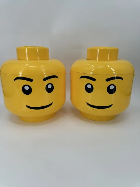 Lego 12” Head Brick Sorter Storage Container Yellow Face Lid & 2 Trays Lot Of 2