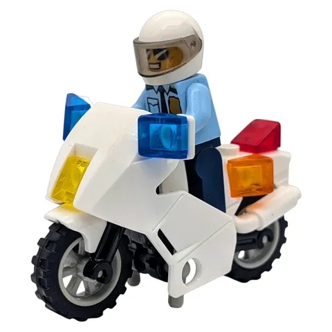 LEGO minifigure police officer with motorcycle city road