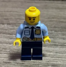 LEGO Minifigure Police Officer Light Blue Shirt Dark Blue Legs (No Hat)