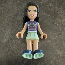LEGO Friends Mini Doll~ Mia ~Minifigure Black Hair Purple Pattern Top Mint Skirt