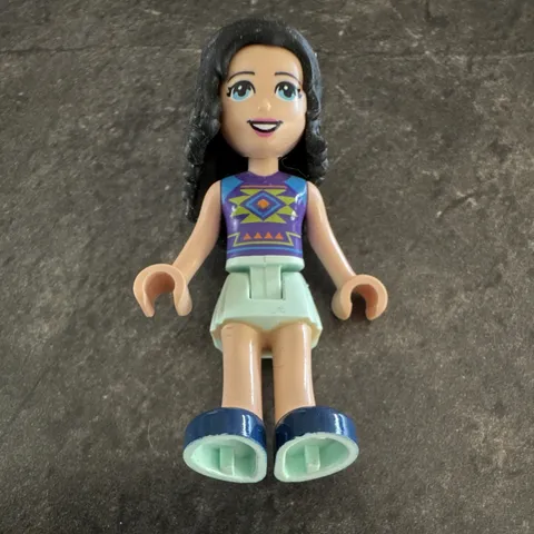 LEGO Friends Mini Doll~ Mia ~Minifigure Black Hair Purple Pattern Top Mint Skirt