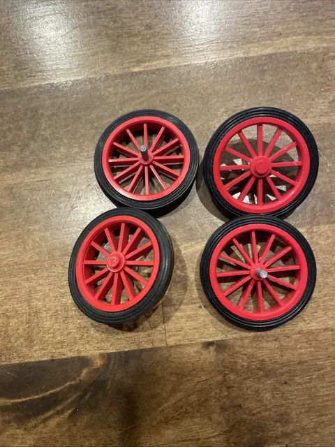 Lot of 4 Lego Vintage Red 12 Spoked Wheel With Smooth Tire & PIN