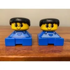 LEGO Duplo Boy Figures Black Hair Blue Overalls Set of 2 Toddler Toys Vintage