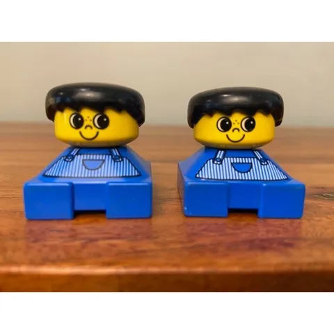 LEGO Duplo Boy Figures Black Hair Blue Overalls Set of 2 Toddler Toys Vintage