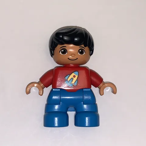 Lego Duplo Minifigure Boy Child Rocket Ship On Red Shirt Blue Pants MINIFIG RARE