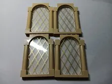 LEGO LOT 4 TAN DOOR FRAME 1X6X7 PILLARS & TOP ARCH GOLD LATTICE CLEAR PANE 40066