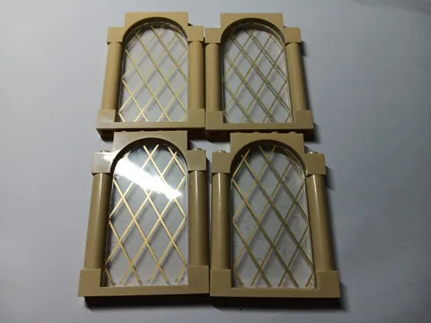 LEGO LOT 4 TAN DOOR FRAME 1X6X7 PILLARS & TOP ARCH GOLD LATTICE CLEAR PANE 40066