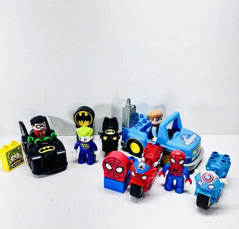 Lot of 4 Lego Duplo Figures: Owen Grady, Spiderman, Robin, Joker & Batmobile