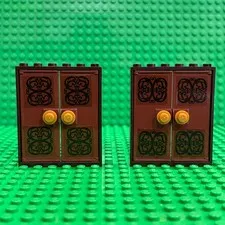 Lego Door Frames Dark Brown 1x4x6 60596 + Brown Inserts (60616) +Pearl Gold Knob