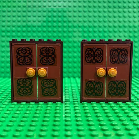 Lego Door Frames Dark Brown 1x4x6 60596 + Brown Inserts (60616) +Pearl Gold Knob