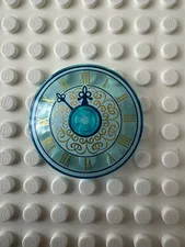 LEGO Dish 4x4 Clock Face Trans Light Blue with Gold Roman Numerals 3960pb047