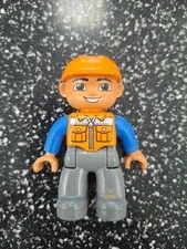 Lego Duplo Figure Man Construction Worker Orange Vest Hard Hat Grey Pants