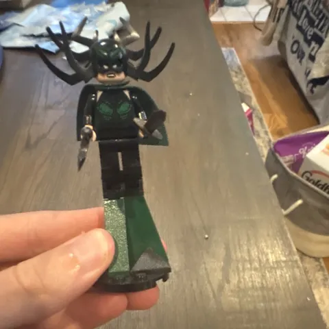 LEGO Hela Minifigure w/ Horned Helmet, Set of Hair Cape, Weapons, & Stand 