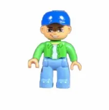 Vtg LEGO DUPLO WORKER MAN Blue Hat 2.5" FIGURE Green Shirt Smiling Dad Father