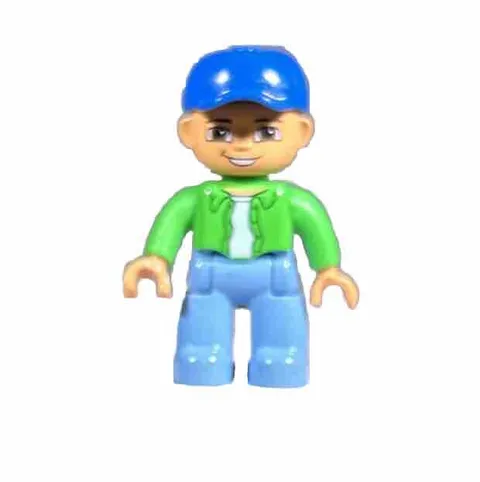 Vtg LEGO DUPLO WORKER MAN Blue Hat 2.5" FIGURE Green Shirt Smiling Dad Father