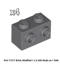 11211 LEGO NEW Parts (x4) Brick Modified 1x2 w/ Side Studs DARK BLUISH GRAY