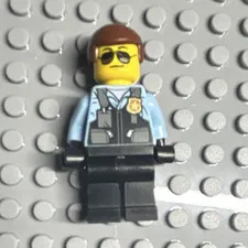 LEGO Police Officer Minifigure Sunglasses Brown Hair Light Blue Shirt Black Legs