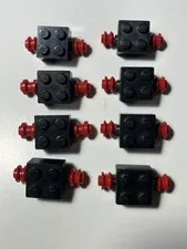 8 LEGO 2x2 Black Axle Brick with Red Single Wheels (Part ID 3137c01)