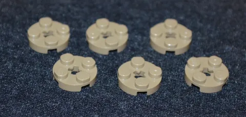 (6) 2x2 Dark Tan / Sand Round Plate Bricks w/ "+" Center ~ New Lego Parts ~