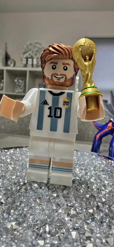 3D print LEGO Messi 9inch Argentina #10 White/Blue Uniform w/ Trophy