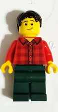 LEGO Minifigure Red Plaid Shirt Torso Dark Green Legs Black Hair